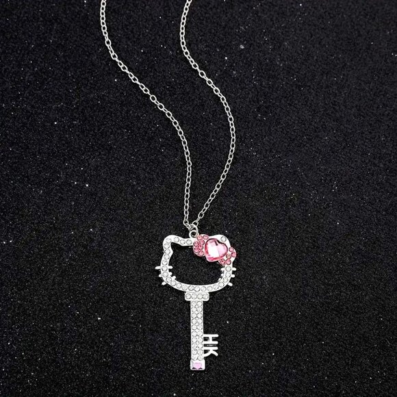 Necklace Hello Kitty Key Rhinestone Pendant Silver Scene Rave Emo Sanrio Sparkle - Picture 3 of 5